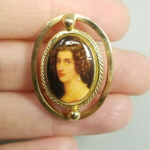Vintage Portrait of a Woman Oval Gold Tone Brooch, 1 Inch Long, Estate
